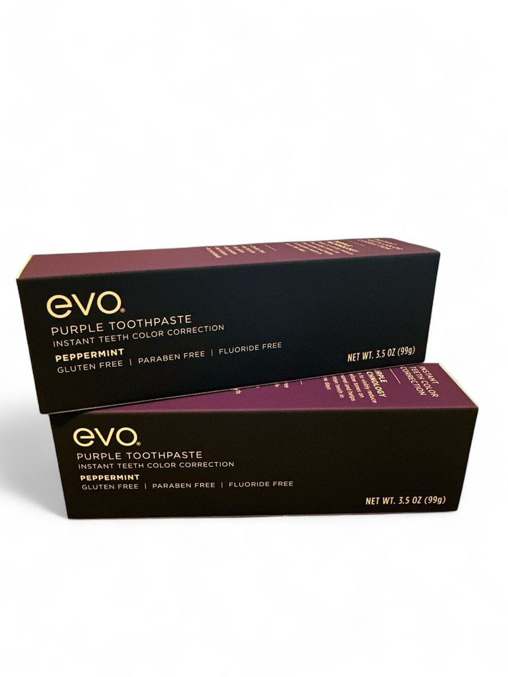 2 Evo Purple Toothpaste Instant Color Correction Peppermint Flouride Free  3.5oz